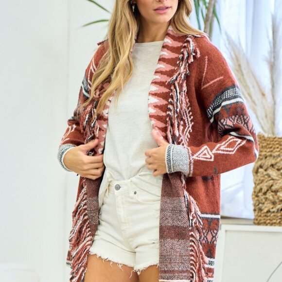bohemian Fringe Sweater Coat Aztec Print Cardigan, Western Boho Jacket - Picture 3 of 7